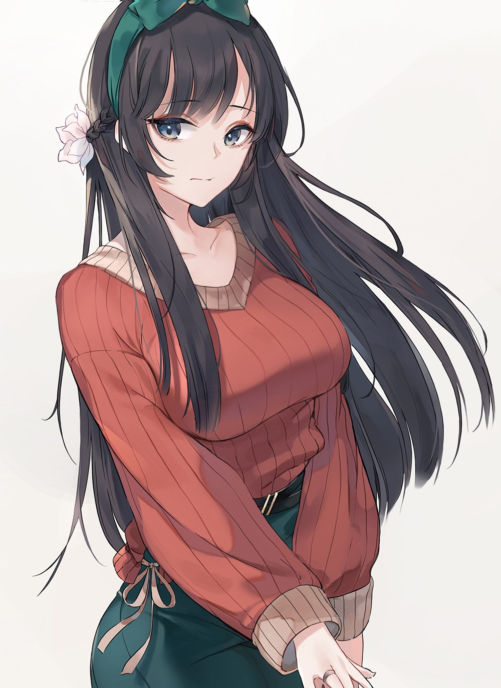 1girl bangs belt black_belt black_eyes black_hair blue_sky bow braid breasts closed_mouth collarbone eyebrows_visible_through_hair flower green_bow green_hairband grey_background hair_bow hair_flower hair_ornament hairband highres jewelry large_breasts long_hair long_sleeves looking_at_viewer original red_sweater ribbed_sweater ring simple_background sky solo sweater very_long_hair wedding_band white_flower yumaomi
