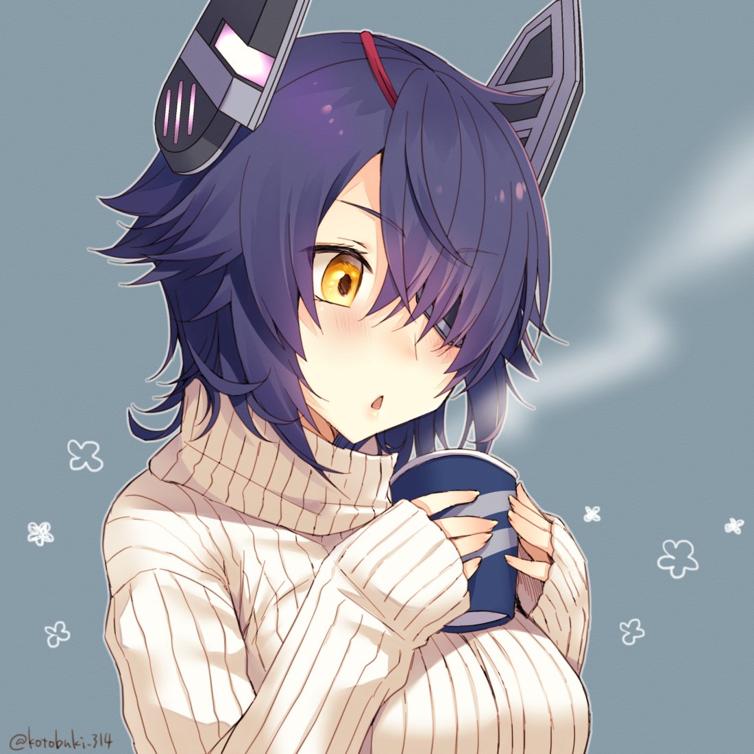 1girl artist_name blue_background blush breasts cup eyebrows_visible_through_hair eyepatch hair_over_one_eye holding holding_cup kantai_collection kotobuki_(momoko_factory) large_breasts long_sleeves looking_away messy_hair parted_lips purple_hair short_hair simple_background sleeves_past_wrists solo steam sweater tenryuu_(kantai_collection) triangle_mouth turtleneck turtleneck_sweater twitter_username upper_body white_sweater