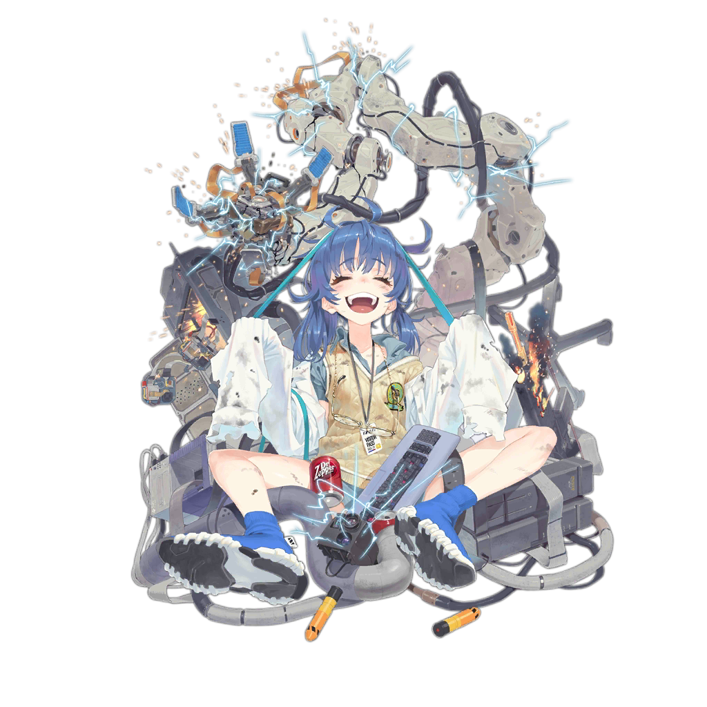 1girl :d ^_^ alternate_costume ankle_boots assault_rifle bandaid bandaid_on_knee bangs beige_vest black_shorts blue_footwear blue_hair blue_shirt blush boots breasts bulletproof_vest calculator closed_eyes coat collared_shirt computer_tower daewoo_k11 damaged dirty dr_pepper electricity explosion explosive eyebrows_visible_through_hair facing_viewer fire full_body girls_frontline glasses grenade gun hair_between_eyes hair_half_undone hair_ornament holding_magazine_(weapon) k11_(girls_frontline) keyboard labcoat ladic long_hair messy_hair multimeter official_art open_clothes open_coat open_mouth rifle shirt shorts sidelocks sitting sleeves_past_fingers sleeves_past_wrists smile solo transparent_background violet_eyes watch watch weapon white_coat x_hair_ornament younger