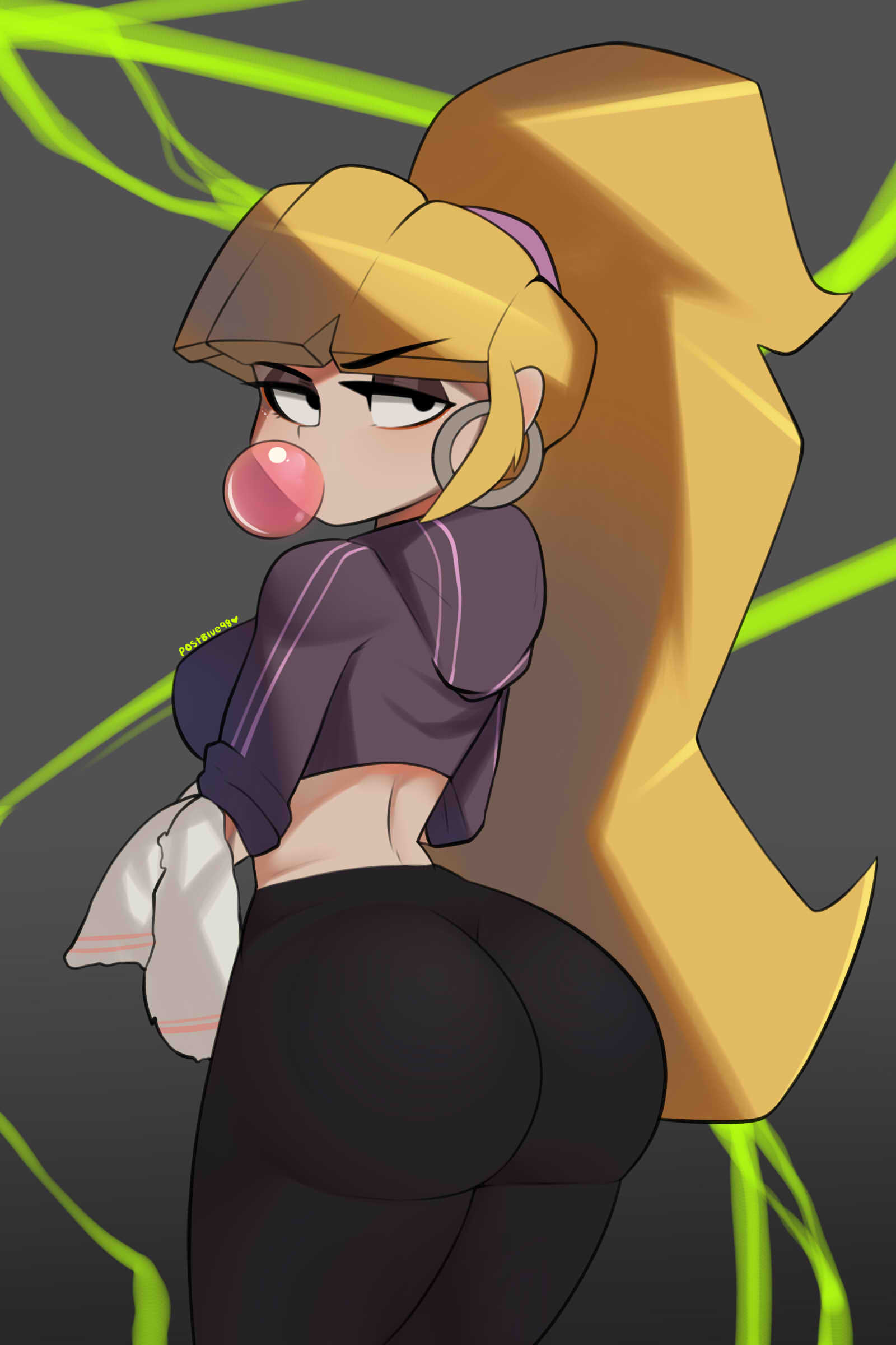 1girl absurdres ass bangs big_hair black_eyes black_pants blunt_bangs breasts bubble_blowing chewing_gum cropped_jacket earrings eyebrows_visible_through_hair eyeshadow from_behind gravity_falls grey_background highres hood hood_down hoop_earrings huge_ass jewelry legs_together long_hair looking_back makeup medium_breasts midriff pacifica_northwest pants ponytail postblue98 sidelocks sleeveless solo standing tight tight_pants towel very_long_hair yoga_pants