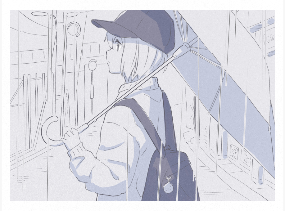 1girl aoba_moca backpack bag bag_charm bang_dream! baseball_cap charm_(object) from_side hat holding holding_umbrella long_sleeves monochrome outdoors rain shibasaki_shouji short_hair sketch solo sweatshirt umbrella