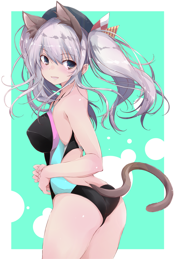 1girl animal_ears aqua_background ass beret black_headwear black_swimsuit blue_eyes border cat_ears cat_tail competition_swimsuit cowboy_shot from_behind hat kantai_collection kashima_(kantai_collection) looking_at_viewer looking_back one-piece_swimsuit sidelocks silver_hair solo standing swimsuit tail tsurime twintails two-tone_background wavy_hair white_border yumesato_makura