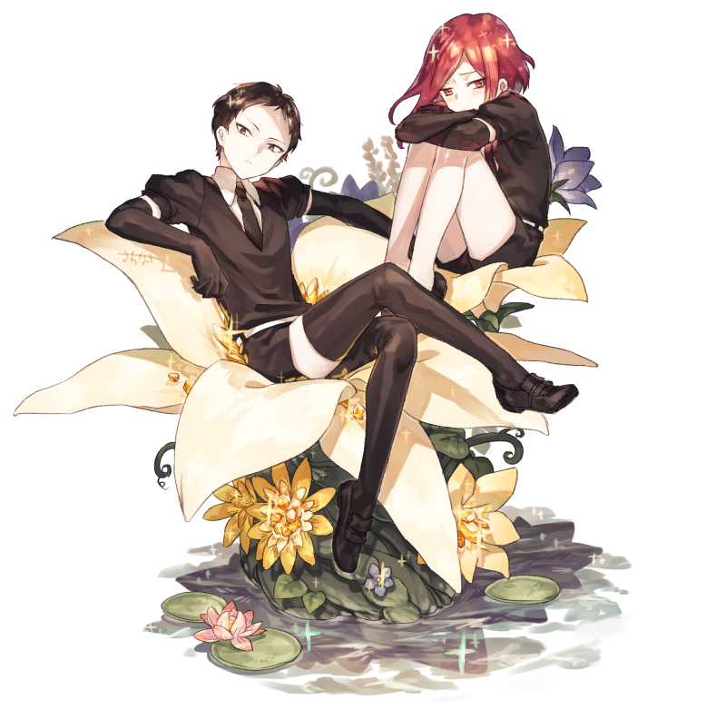 2others androgynous arm_rest black_eyes black_gloves black_hair black_legwear black_neckwear blush bort closed_mouth crossed_arms crossed_legs elbow_gloves flower frown gem_uniform_(houseki_no_kuni) gloves head_tilt houseki_no_kuni knees_up leg_hug lily_pad loafers looking_at_viewer lotus multiple_others necktie on_flower plantar_flexion puffy_short_sleeves puffy_sleeves red_eyes redhead sakanahen shinsha_(houseki_no_kuni) shoes short_hair short_sleeves shorts thigh-highs very_short_hair water white_background white_flower yellow_flower