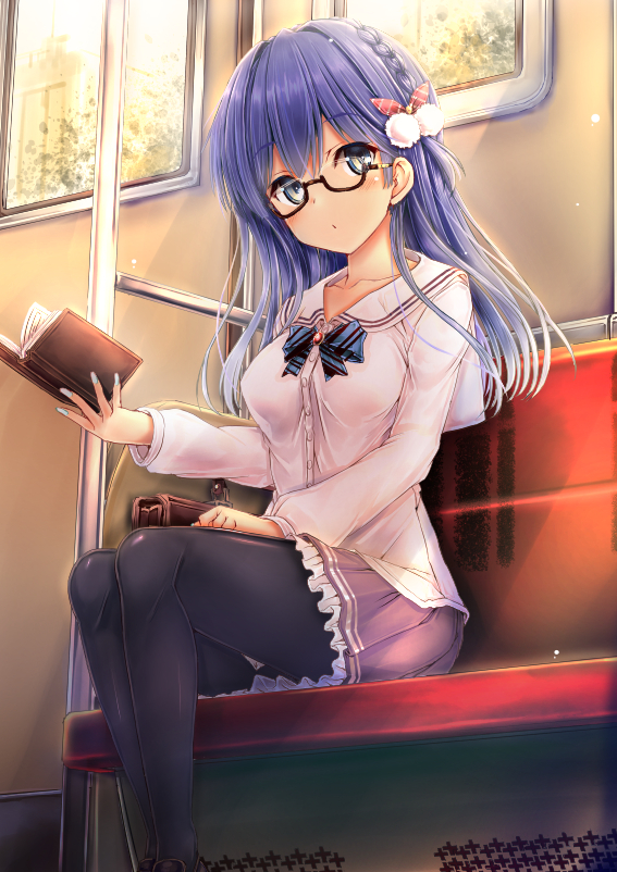 1girl 22/7 blue_eyes book bow bowtie braid breasts collarbone collared_shirt commentary_request crown_braid door eyebrows_visible_through_hair frilled_skirt frills glasses hair_behind_ear hair_between_eyes hair_ornament hand_on_leg holding holding_book kaisu loafers long_hair long_sleeves looking_at_viewer maruyama_akane medium_breasts pantyhose purple_hair purple_skirt shirt shoes sitting skirt solo train_interior white_shirt window