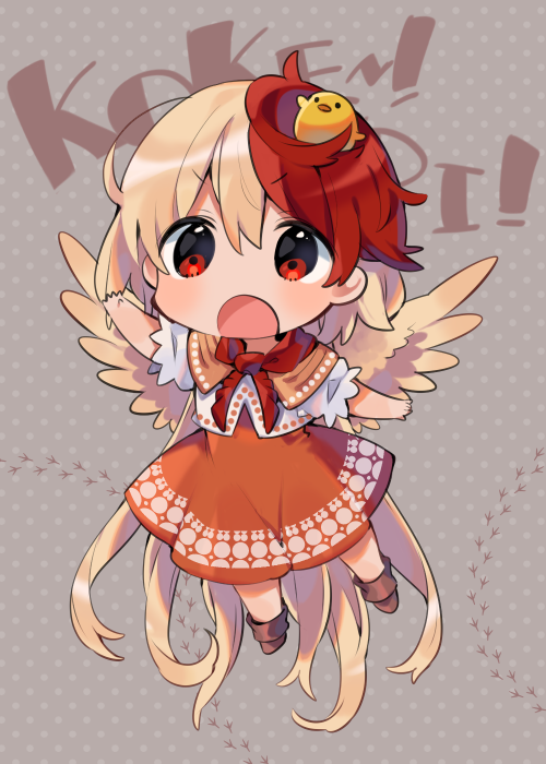 1girl akagashi_hagane animal animal_on_head arm_up bird bird_on_head blonde_hair boots brown_footwear capelet chibi chick eyebrows_visible_through_hair feathered_wings footprints full_body long_hair multicolored_hair neck_ribbon niwatari_kutaka on_head open_mouth orange_skirt patterned_background red_eyes red_neckwear redhead ribbon shirt short_hair short_sleeves skirt touhou two-tone_hair very_long_hair white_shirt wings