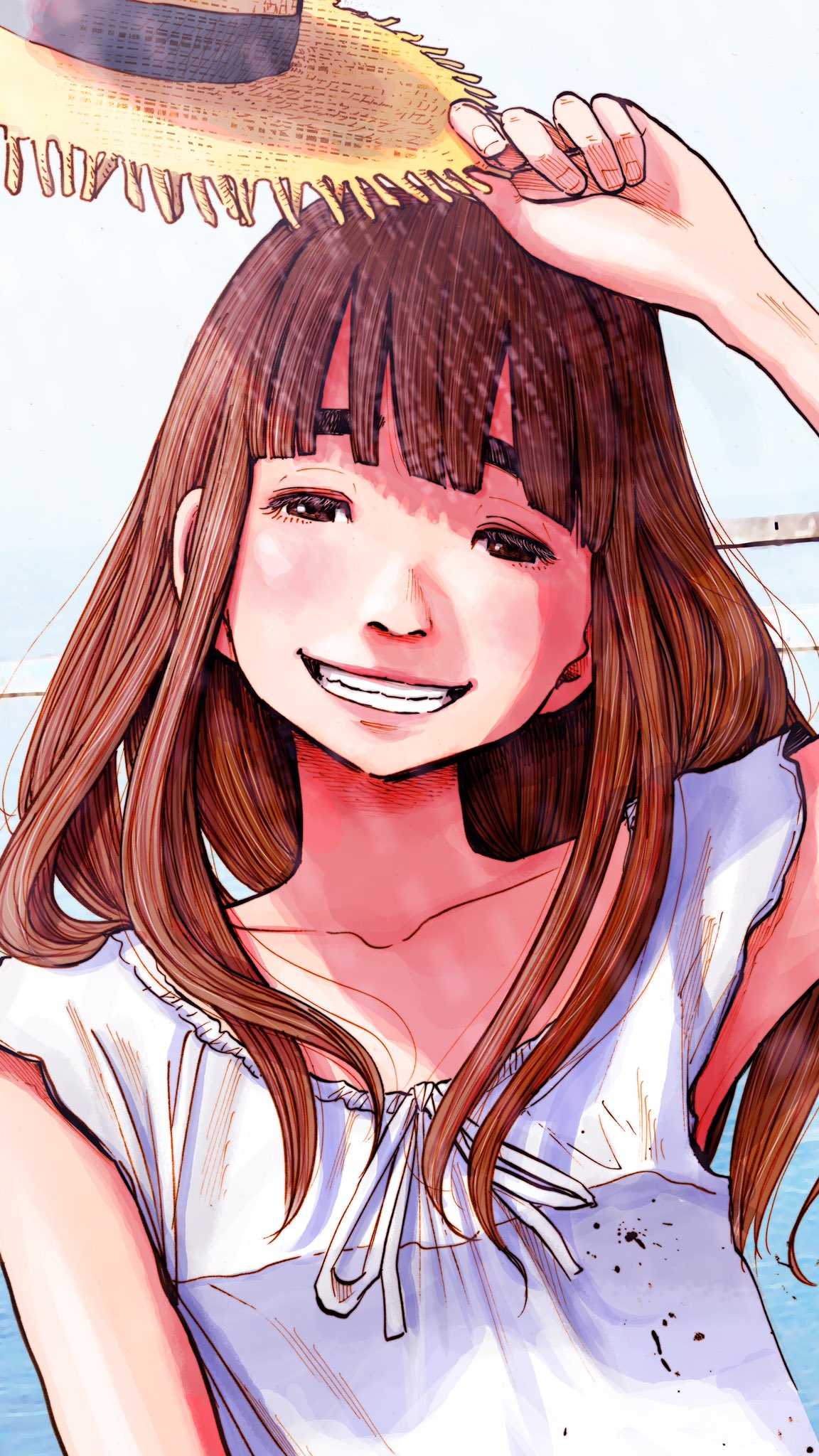 1girl asano_inio bangs blunt_bangs brown_eyes brown_hair hand_up hat hat_removed headwear_removed highres long_hair looking_at_viewer outdoors oyasumi_punpun shirt short_sleeves smile solo sun_hat tanaka_aiko thick_eyebrows upper_body white_shirt