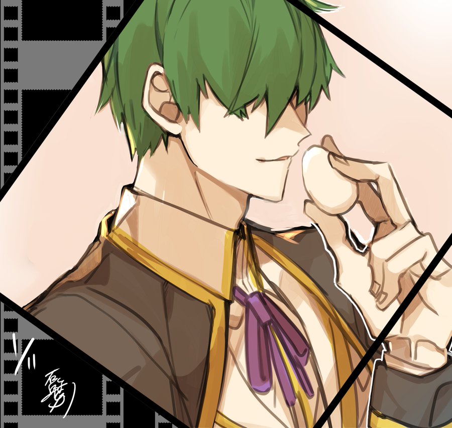 1boy black_cape blazblue cape closed_eyes collared_shirt egg green_hair hair_over_eyes holding_egg kazuma_kuvaru male_focus open_mouth ribbon roas01b shirt short_hair smile solo