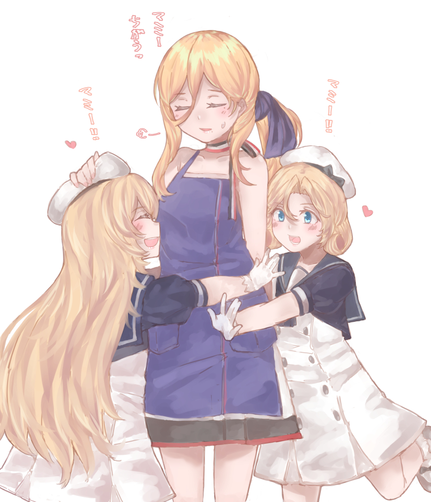 3girls apron az_toride bangs beret blonde_hair blue_apron blue_eyes blush closed_eyes commentary dress gloves hair_between_eyes hair_ribbon hat heart hug janus_(kantai_collection) jervis_(kantai_collection) kantai_collection long_hair mole mole_under_eye mole_under_mouth multiple_girls open_mouth ponytail ribbon richelieu_(kantai_collection) sailor_collar sailor_dress sailor_hat short_hair sidelocks simple_background sweat translated white_background white_dress white_gloves white_headwear