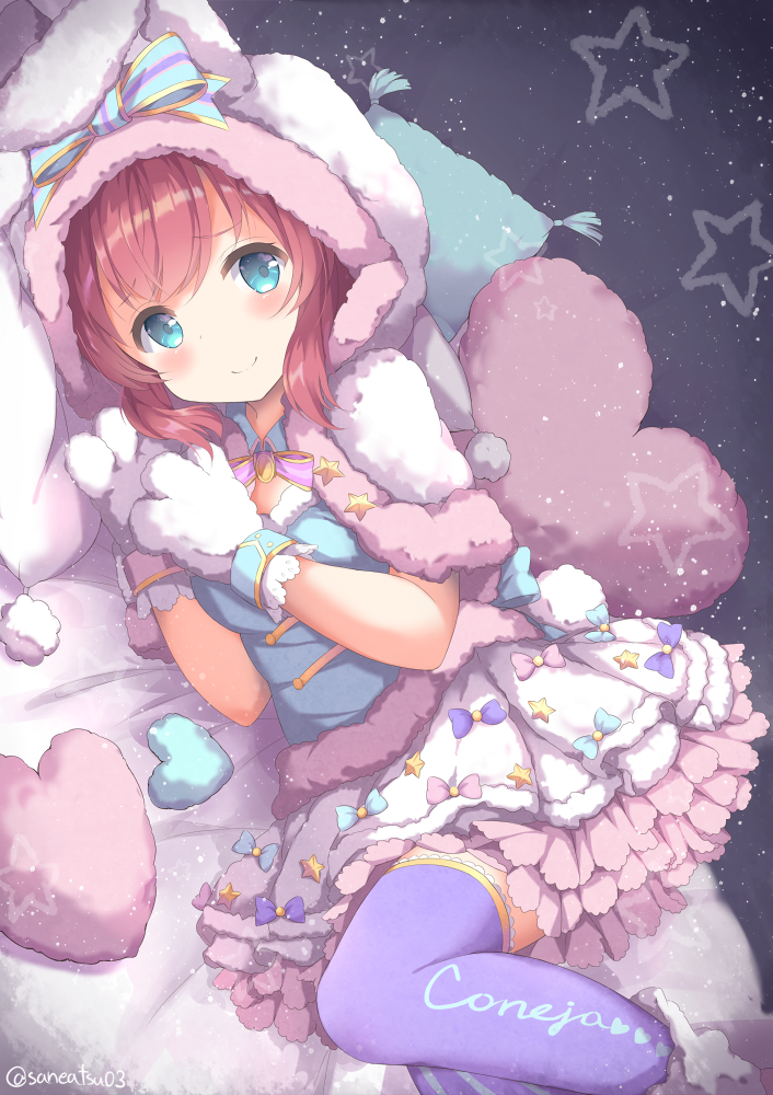 1girl animal_hood aqua_eyes back_bow bangs blue_bow blue_legwear blue_ribbon blush bow bowtie bunny_hood bunny_tail capelet commentary_request frilled_skirt frills fur-trimmed_skirt fur_trim gloves hands_together heart heart_pillow hood hood_up hooded_capelet kurosawa_ruby looking_at_viewer love_live! love_live!_sunshine!! lying niwasane_(saneatsu03) on_side paw_gloves paws pillow pink_bow pink_neckwear redhead ribbon skirt smile solo star striped striped_ribbon tail thigh-highs twitter_username