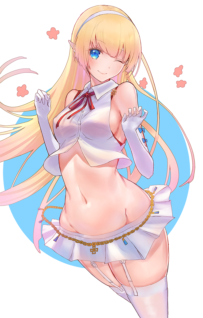 1girl ;) blonde_hair blue_eyes closed_mouth elbow_gloves elf garter_straps gloves hairband hayataku1234 long_hair looking_at_viewer midriff miniskirt navel one_eye_closed original pointy_ears red_neckwear red_ribbon ribbon skirt smile standing thigh-highs white_background white_gloves white_hairband white_legwear white_skirt zettai_ryouiki