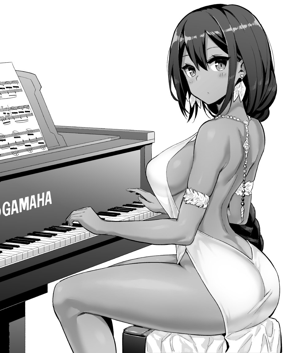 1girl armlet azur_lane backless_dress backless_outfit braid breasts dark_skin dress evening_gown grand_piano hair_between_eyes hori_(hori_no_su) instrument large_breasts monochrome native_american piano piano_bench solo south_dakota_(azur_lane) south_dakota_(solo_concert)_(azur_lane)