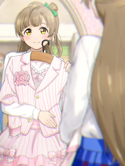 1girl bangs blue_skirt blush bow brown_hair clothes_hanger commentary_request corsage flower green_bow holding_clothes long_hair long_sleeves looking_at_mirror looking_at_viewer love_live! love_live!_school_idol_project minami_kotori mirror one_side_up otonokizaka_school_uniform pink_flower pink_shirt pink_skirt school_uniform shibasaki_shouji shirt skirt smile solo striped striped_shirt striped_skirt white_shirt yellow_eyes