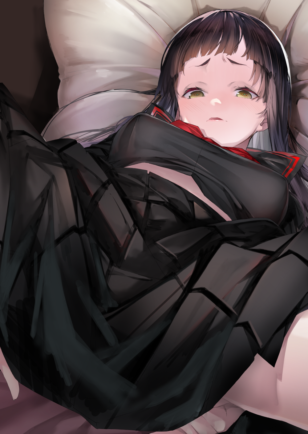 1girl black_hair blush breasts furisuku highres long_hair lying on_back original parted_lips pillow pleated_skirt school_uniform serafuku skirt solo spread_legs yellow_eyes