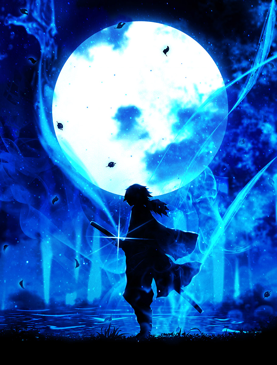 1boy blue_theme full_body full_moon grass harada_miyuki highres katana kimetsu_no_yaiba leaf long_hair long_sleeves low_ponytail moon night night_sky shadow sky solo standing sword tomioka_giyuu water weapon wide_sleeves