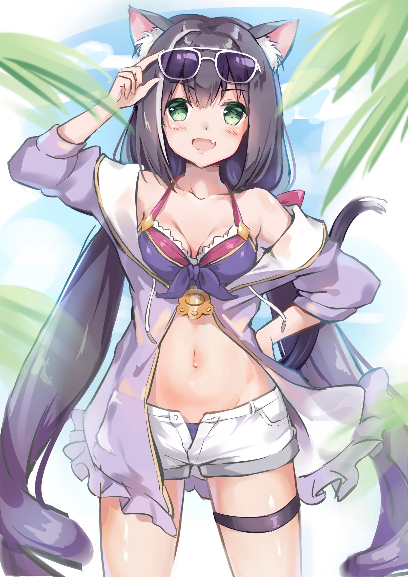 1girl :d adjusting_eyewear animal_ear_fluff animal_ears arm_up bangs bare_shoulders bikini black_hair blush breasts cannian_dada cat_ears cat_girl cat_tail collarbone eyebrows_visible_through_hair fang front-tie_top green_eyes hair_between_eyes hand_on_hip highres jacket kyaru_(princess_connect) long_hair low_twintails medium_breasts multicolored_hair navel open_clothes open_fly open_jacket open_mouth open_shorts princess_connect! princess_connect!_re:dive purple_bikini purple_jacket short_shorts shorts smile solo streaked_hair sunglasses swimsuit tail thigh_strap twintails very_long_hair white-framed_eyewear white_hair white_shorts