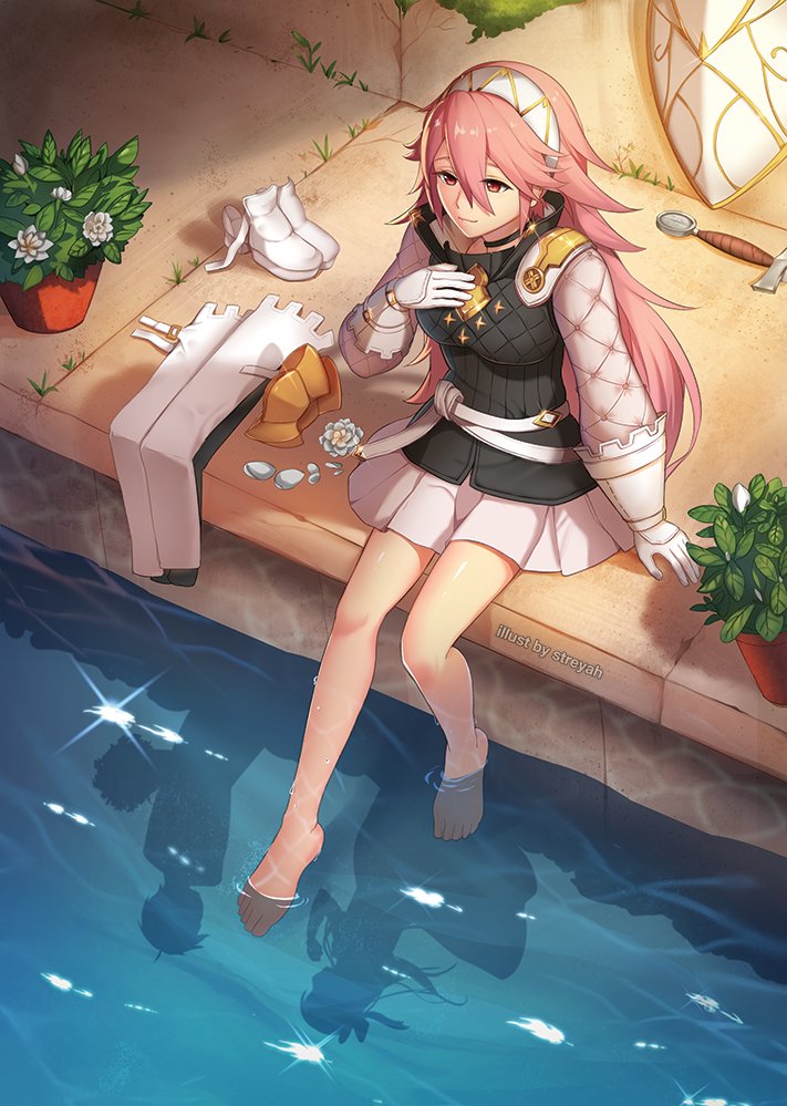 1girl artist_name barefoot closed_mouth fire_emblem fire_emblem_fates gloves hairband long_hair pink_eyes pink_hair plant potted_plant shield shoes_removed sitting skirt soleil_(fire_emblem) solo streyah sword water weapon white_hairband white_skirt