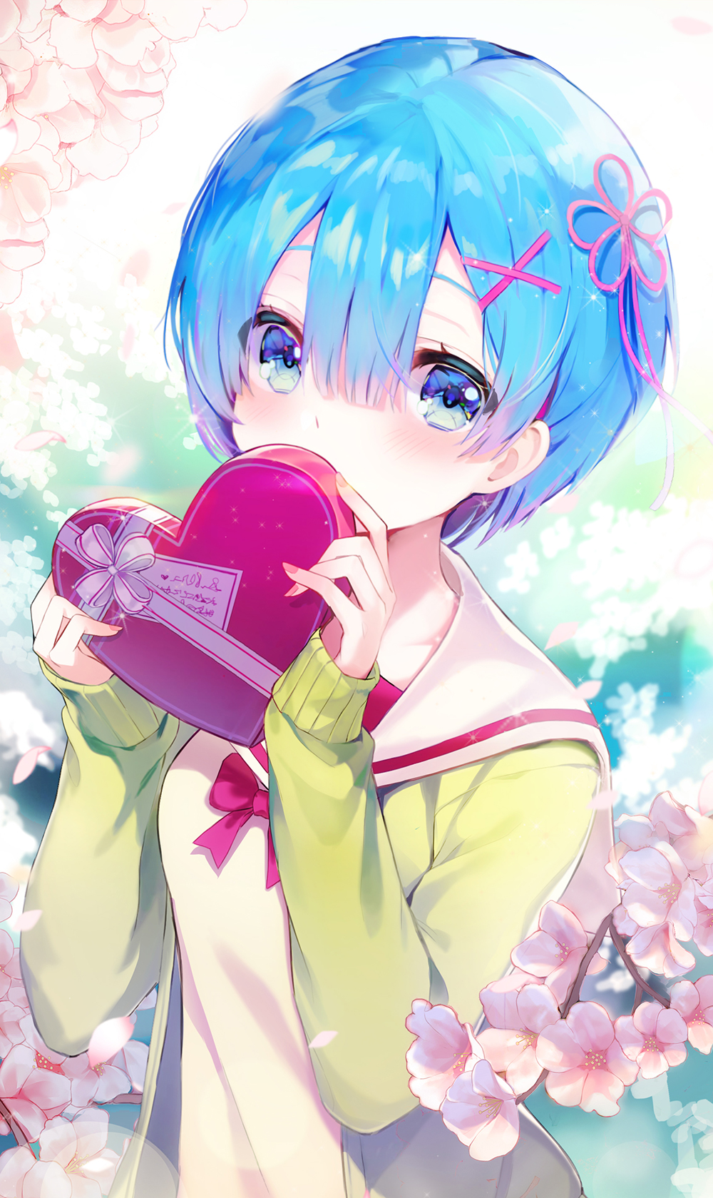 1girl blue_eyes blue_hair bow bowtie box cardigan covering_mouth flower flower_knot gift gift_box green_cardigan hair_between_eyes hair_ornament heart-shaped_box highres holding holding_box long_sleeves looking_at_viewer open_cardigan open_clothes petals pink_flower re:zero_kara_hajimeru_isekai_seikatsu rem_(re:zero) ribbon sailor_collar school_uniform shirt short_hair solo upper_body white_ribbon white_shirt x_hair_ornament yuna_(deadawon)