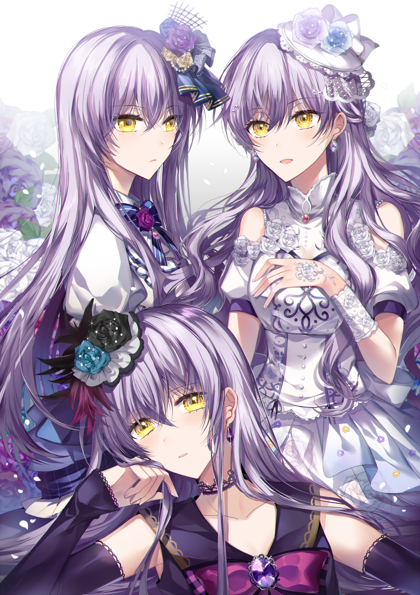 1girl bang_dream! bangs black_choker black_feathers black_flower blue_flower blue_rose bow bowtie brooch chin_rest choker collarbone detached_sleeves dress earrings feathers flower hair_between_eyes hair_feathers hair_flower hair_ornament hat highres jewelry lace lace_choker lavender_hair long_hair looking_at_viewer minato_yukina multiple_views nennen parted_lips purple_feathers purple_flower purple_neckwear purple_rose rose shoulder_cutout white_flower white_rose wrist_cuffs yellow_eyes yellow_flower yellow_rose