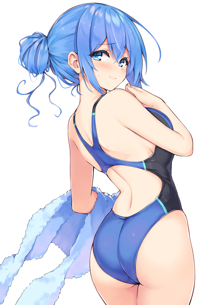 1girl ass back back_cutout bare_arms bare_shoulders blue_eyes blue_hair blue_swimsuit blush breasts commentary_request competition_swimsuit cowboy_shot cu-no from_behind hair_bun hisenkaede holding holding_towel kohitsuji_ai large_breasts long_hair looking_at_viewer looking_back one-piece_swimsuit sidelocks simple_background smile solo sweat swimsuit towel white_background