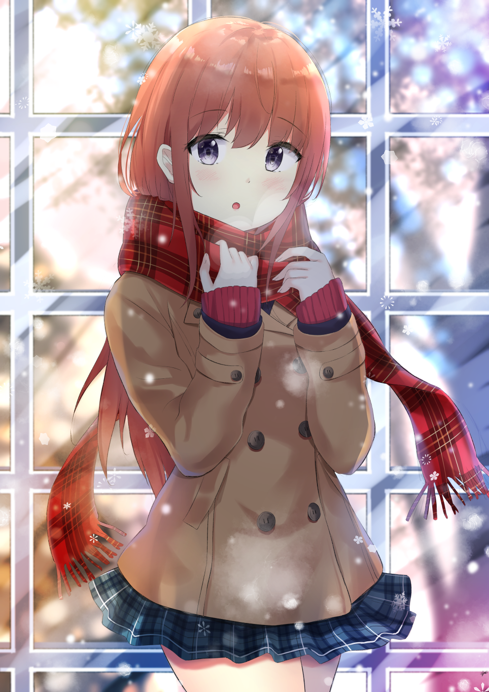 1girl 7_calpis_7 :o blue_skirt blush breath brown_hair brown_jacket commentary_request cute fringe_trim hands_up highres jacket long_hair long_sleeves looking_at_viewer moe original original_character parted_lips plaid plaid_scarf plaid_skirt pleated_skirt red_scarf scarf school_uniform sidelocks skirt sleeves_past_wrists snowflakes snowing solo very_long_hair violet_eyes window winter