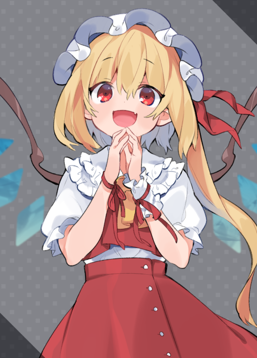 1girl akagashi_hagane ascot bangs blonde_hair buttons crystal eyebrows_visible_through_hair fang flandre_scarlet frills grey_background hands_together hands_up hat hat_ribbon long_hair mob_cap open_mouth red_eyes red_ribbon red_skirt red_vest ribbon shirt short_sleeves side_ponytail skirt smile solo touhou upper_body vest white_headwear white_shirt wings wrist_cuffs wrist_ribbon yellow_neckwear
