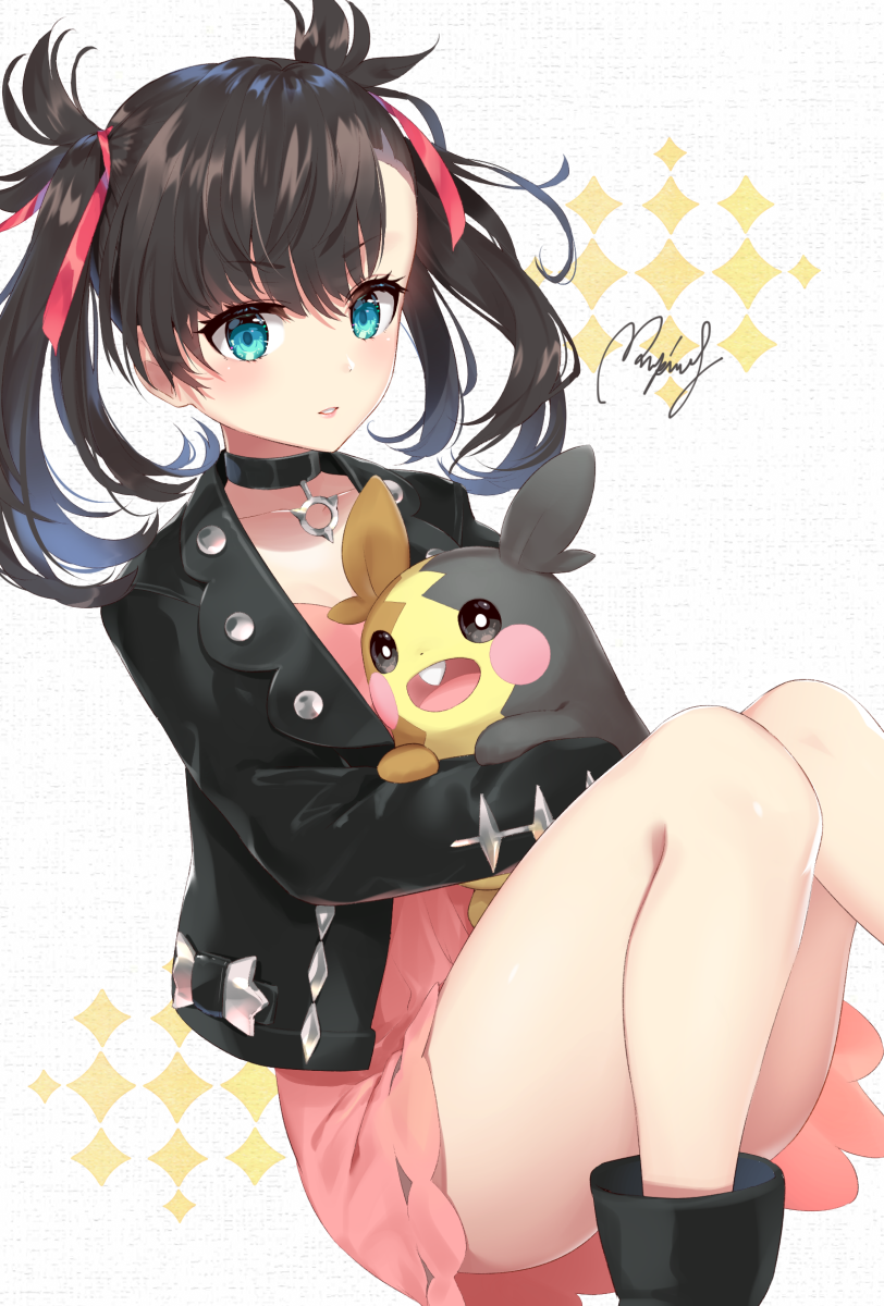 1girl :d ankle_boots aqua_eyes bangs bare_legs black_eyes black_footwear black_hair black_jacket blush boots commentary_request convenient_leg dress eyebrows_visible_through_hair fang feet_out_of_frame gen_8_pokemon hair_ornament highres jacket knees_up long_sleeves looking_at_viewer mary_(pokemon) open_clothes open_jacket open_mouth parted_lips pink_dress pokemon pokemon_(creature) pokemon_(game) pokemon_swsh red_ribbon ribbon rupinesu short_dress signature sitting smile twintails v-shaped_eyebrows