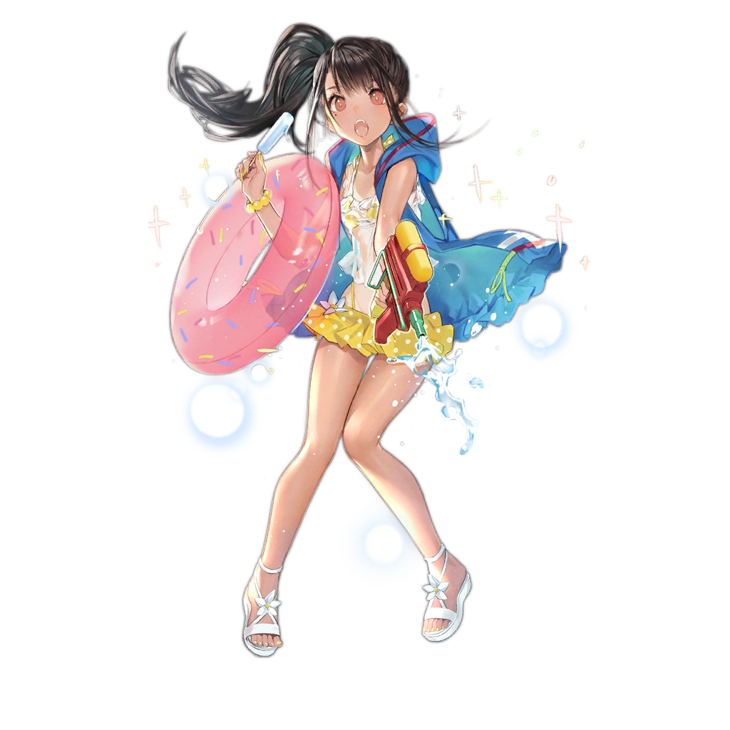 1girl black_hair c-ms_(girls_frontline) dark_skin food girls_frontline jacket jacket_over_swimsuit lifebuoy mole official_art open_mouth popsicle sandals side_ponytail sleeveless sleeveless_jacket swimsuit tan tanline transparent_background water_gun xiao_chichi
