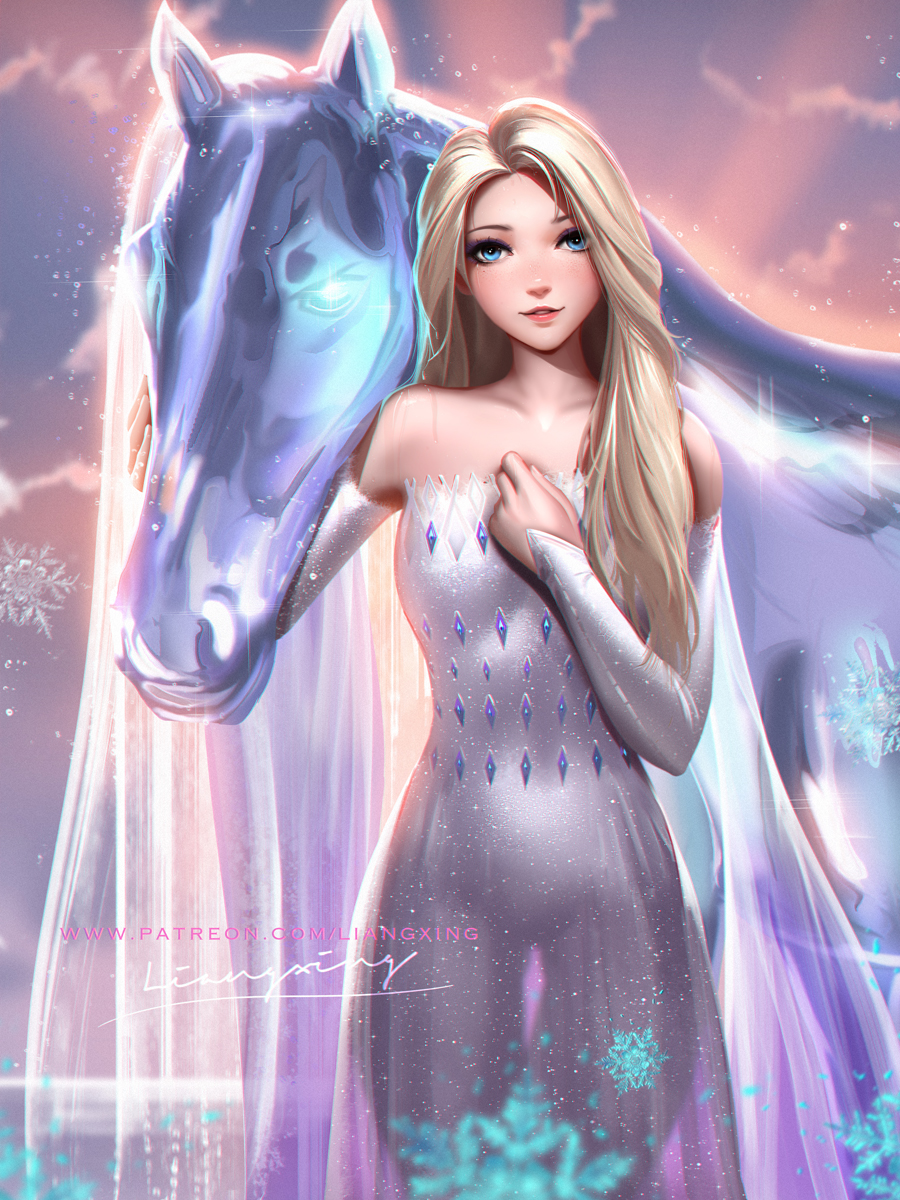 1girl artist_name ass_visible_through_thighs blonde_hair blue_eyes commentary disney dress element_bending elsa_(frozen) frozen_(disney) frozen_ii_(disney) hand_on_own_chest highres horse liang_xing long_hair pale_skin patreon_username see-through_silhouette signature smile snowflakes standing sunrise thigh_gap water watermark web_address white_dress