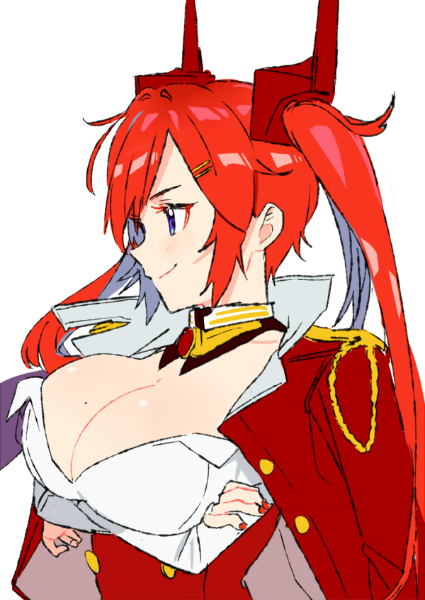 breasts cape detached_collar gem large_breasts last_origin may_of_doom mole mole_on_breast pinch_(nesume) redhead simple_background sketch twintails