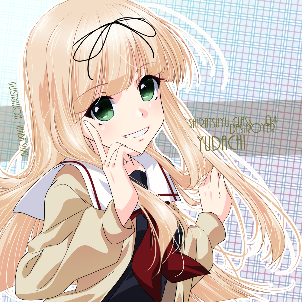 1girl artist_name beige_cardigan black_ribbon black_serafuku blonde_hair cardigan character_name commentary_request cowboy_shot diomedea female_focus green_eyes hair_ribbon inaba_shiki kadokawa_games kantai_collection long_hair looking_at_viewer neckerchief open_cardigan open_clothes parted_lips plaid plaid_background red_neckwear ribbon school_uniform serafuku smile solo straight_hair upper_body yuudachi_(kantai_collection)