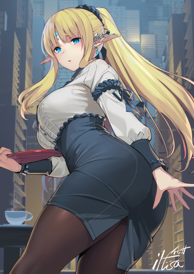 1girl artist_name black_legwear blonde_hair blouse blue_eyes blue_skirt blush breasts cowboy_shot cup elf from_side holding holding_tray iltusa large_breasts long_hair looking_at_viewer original pantyhose pointy_ears ponytail skirt solo table tray white_blouse