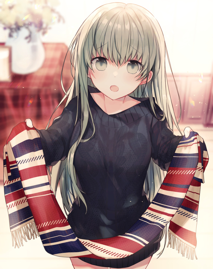 1girl :o alternate_hairstyle bangs black_dress black_sweater blurry blurry_background blush breasts cecilia_(shiro_seijo_to_kuro_bokushi) commentary_request cowboy_shot depth_of_field dress eyebrows_visible_through_hair fringe_trim green_eyes green_hair hair_between_eyes holding_scarf indoors kazutake_hazano lens_flare long_hair long_sleeves looking_at_viewer open_mouth plaid scarf shiro_seijo_to_kuro_bokushi small_breasts solo standing straight_hair striped striped_scarf sweater sweater_dress table vase very_long_hair