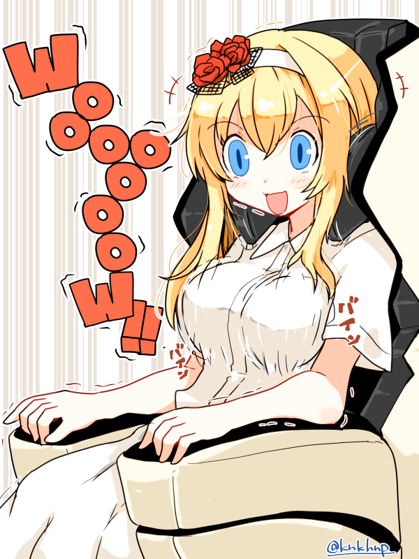 1girl bangs blonde_hair blue_eyes blush bouncing_breasts breasts chair dress english_text eyebrows_visible_through_hair flower hair_between_eyes hairband kanoe_soushi kantai_collection long_hair massage_chair open_mouth red_flower shaking short_sleeves simple_background sitting solo twitter_username warspite_(kantai_collection) white_dress