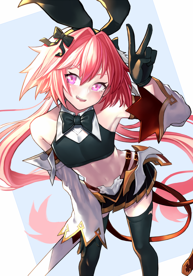 1boy astolfo_(fate) astolfo_(saber)_(fate) bangs bare_shoulders black_bow black_gloves black_legwear black_ribbon blush bow bowtie commentary_request fate/grand_order fate_(series) gloves hair_bow hair_intakes hair_ribbon hyuu_(sing-dog) long_hair long_sleeves looking_at_viewer multicolored_hair navel otoko_no_ko pink_hair revision ribbon simple_background skirt smile solo streaked_hair thigh-highs twintails v very_long_hair violet_eyes white_hair