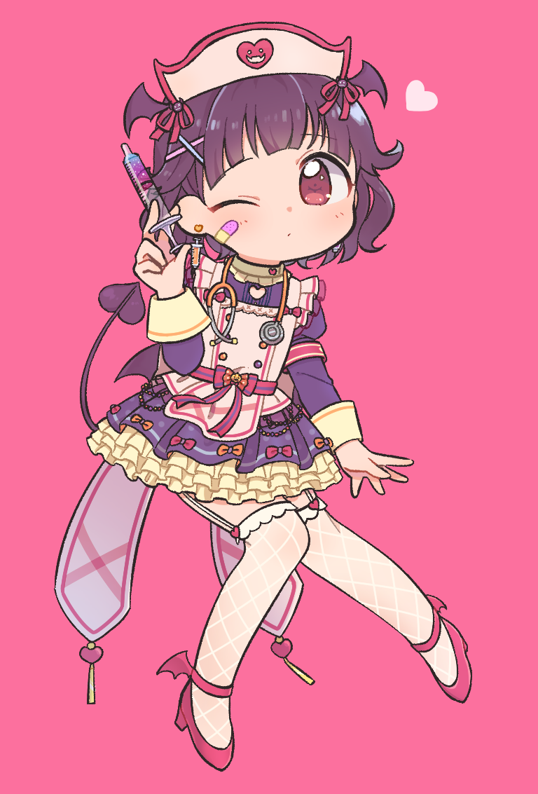 1girl ankle_wings bandaid bandaid_on_face bang_dream! bd_ayknn bow demon_tail demon_wings dress earrings fishnet_legwear fishnets frilled_dress frills garter_straps hair_ornament hair_ribbon halloween halloween_costume hat head_wings heart jewelry long_sleeves nurse_cap one_eye_closed orange_bow pink_background red_bow red_eyes red_footwear red_ribbon ribbon simple_background solo stethoscope striped striped_ribbon syringe syringe_earrings tail thigh-highs ushigome_rimi white_legwear wings x_hair_ornament