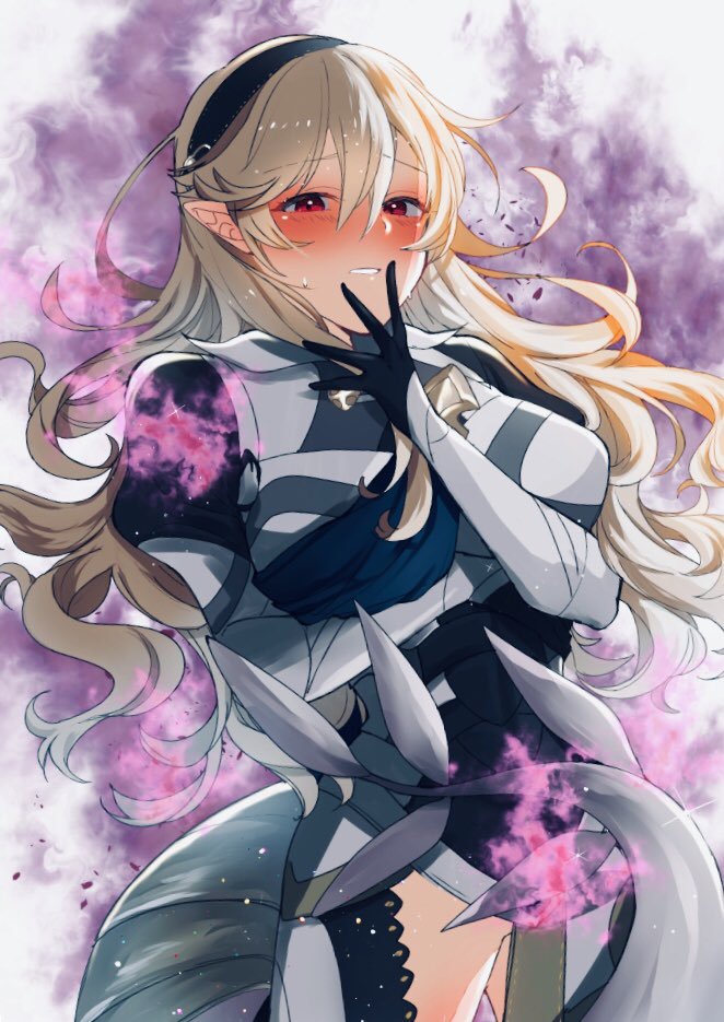 1girl arm_under_breasts armor aura blush breast_hold breasts corrin_(fire_emblem) corrin_(fire_emblem)_(female) crossed_arms dark_aura dragon_girl dragon_tail elf female_my_unit_(fire_emblem_if) fire_emblem fire_emblem_fates fire_emblem_heroes fire_emblem_if hairband intelligent_systems kamui_(fire_emblem) long_hair manakete my_unit_(fire_emblem_if) nekolook nintendo pointy_ears solo standing sweat tail
