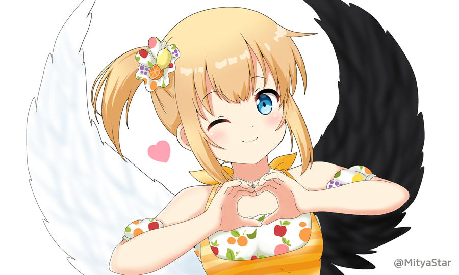 1girl ;) bangs bare_shoulders black_wings blonde_hair blue_eyes blush commentary_request detached_sleeves eyebrows_visible_through_hair feathered_wings food_print heart heart_hands looking_at_viewer maaru_(shironeko_project) miicha mismatched_wings one_eye_closed print_sleeves puffy_short_sleeves puffy_sleeves shironeko_project short_sleeves side_ponytail sidelocks simple_background sleeveless smile solo twitter_username upper_body white_background white_sleeves white_wings wings