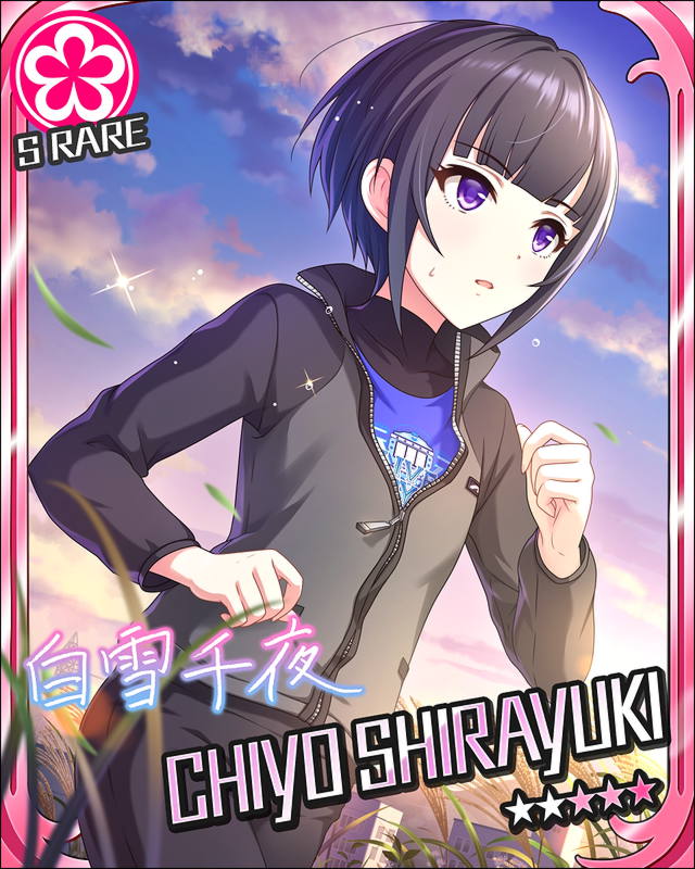 black_hair blush character_name idolmaster idolmaster_cinderella_girls jacket shirayuki_chiyo short_hair stars violet_eyes