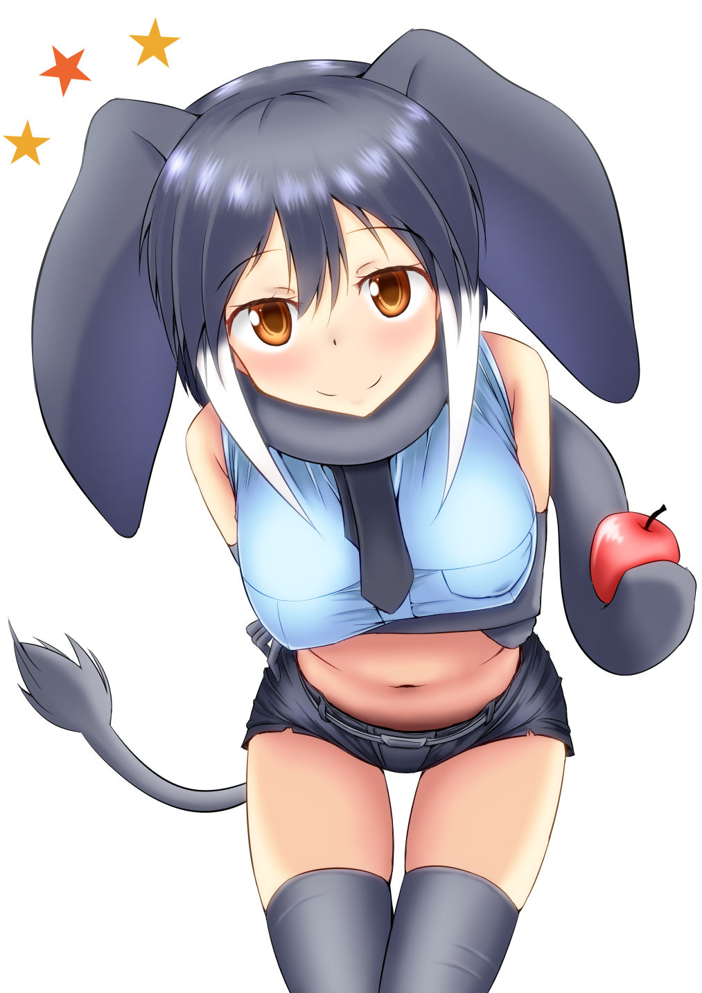 african_elephant_(kemono_friends) animal_ears apple arms_under_breasts bare_shoulders black_gloves black_legwear black_neckwear black_shorts blue_shirt breasts brown_eyes closed_mouth commentary_request crop_top cropped_shirt crossed_arms elbow_gloves elephant_ears elephant_tail extra_ears eyebrows_visible_through_hair food fruit gloves grey_hair hair_between_eyes hajime_(wkpz8247) highres kemono_friends kneehighs leaning_forward looking_at_viewer medium_hair midriff multicolored_hair navel necktie scarf shirt short_shorts shorts sidelocks simple_background skindentation sleeveless sleeveless_shirt smile star stomach tail two-tone_hair white_background white_hair