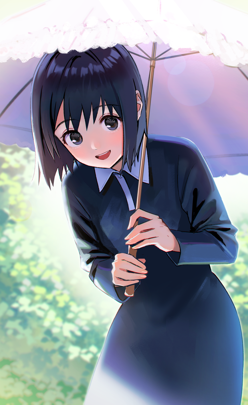 1girl :d bangs black_dress black_eyes black_hair blurry blurry_background bob_cut collared_dress cowboy_shot day dress eyelashes highres holding holding_umbrella leaning_forward long_dress long_sleeves looking_at_viewer nakahara_misaki nashigaya_koyomi nhk_ni_youkoso! open_mouth short_hair smile solo umbrella