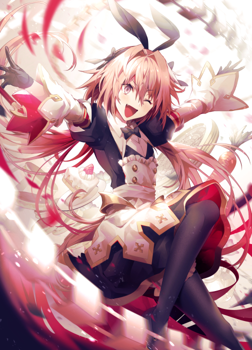 1boy astolfo_(fate) astolfo_(saber)_(fate) bangs black_bow black_dress black_gloves black_legwear black_neckwear black_ribbon blush bow bowtie buttons dress fang fate/grand_order fate_(series) gloves hair_between_eyes hair_bow hair_intakes hair_ribbon juliet_sleeves layered_skirt legs long_hair long_sleeves looking_at_viewer low_twintails multicolored_hair one_eye_closed open_mouth otoko_no_ko pink_hair puffy_sleeves ribbon skirt smile solo streaked_hair twintails violet_eyes whip_sword white_hair white_skirt wide_sleeves wing_collar yunohito