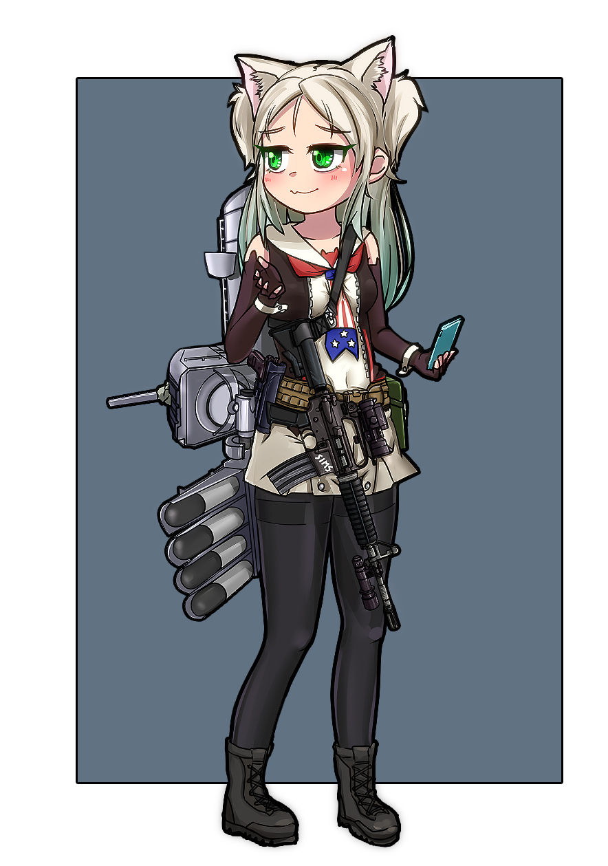 1girl :3 american_flag_neckwear animal_ear_fluff animal_ears assault_rifle azur_lane black_footwear black_legwear blush boots cat_ears cellphone closed_mouth combat_boots commentary_request covered_navel cross-laced_footwear dedorudy elbow_gloves fingerless_gloves forehead full_body gloves gradient_hair green_eyes gun highres holding holding_phone looking_to_the_side m4_carbine multicolored_hair neckerchief pantyhose phone rifle rigging sailor_collar sims_(azur_lane) smartphone smile solo standing thighband_pantyhose torpedo_tubes two_side_up weapon white_hair white_sailor_collar