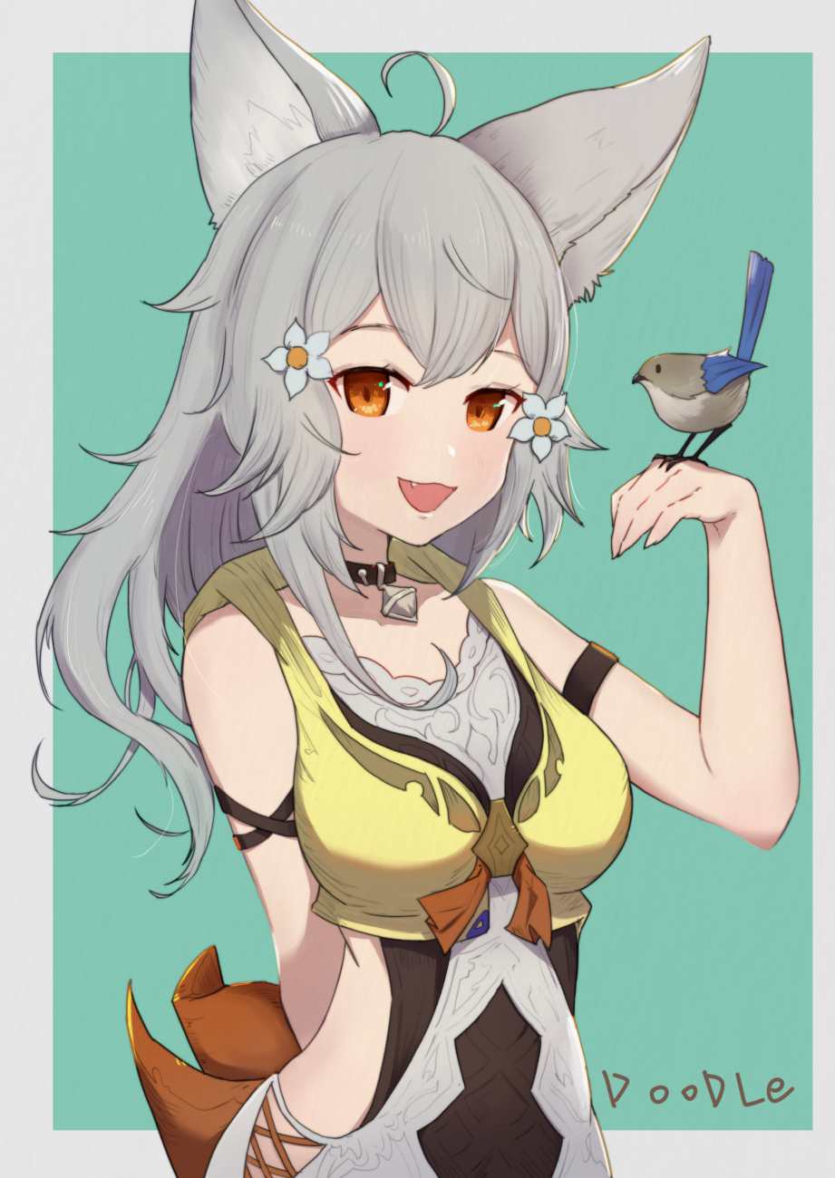 1girl :d ahoge animal animal_ear_fluff animal_ears animal_on_hand arm_behind_back bangs bare_shoulders bird bird_on_hand black_collar breasts brown_eyes collar collarbone commentary_request dress erune eyebrows_visible_through_hair fang flower granblue_fantasy green_background grey_background grey_dress grey_flower grey_hair hair_flower hair_ornament hand_up highres long_hair looking_at_viewer medium_breasts open_mouth sen_(granblue_fantasy) sleeveless sleeveless_dress smile solo two-tone_background uneg