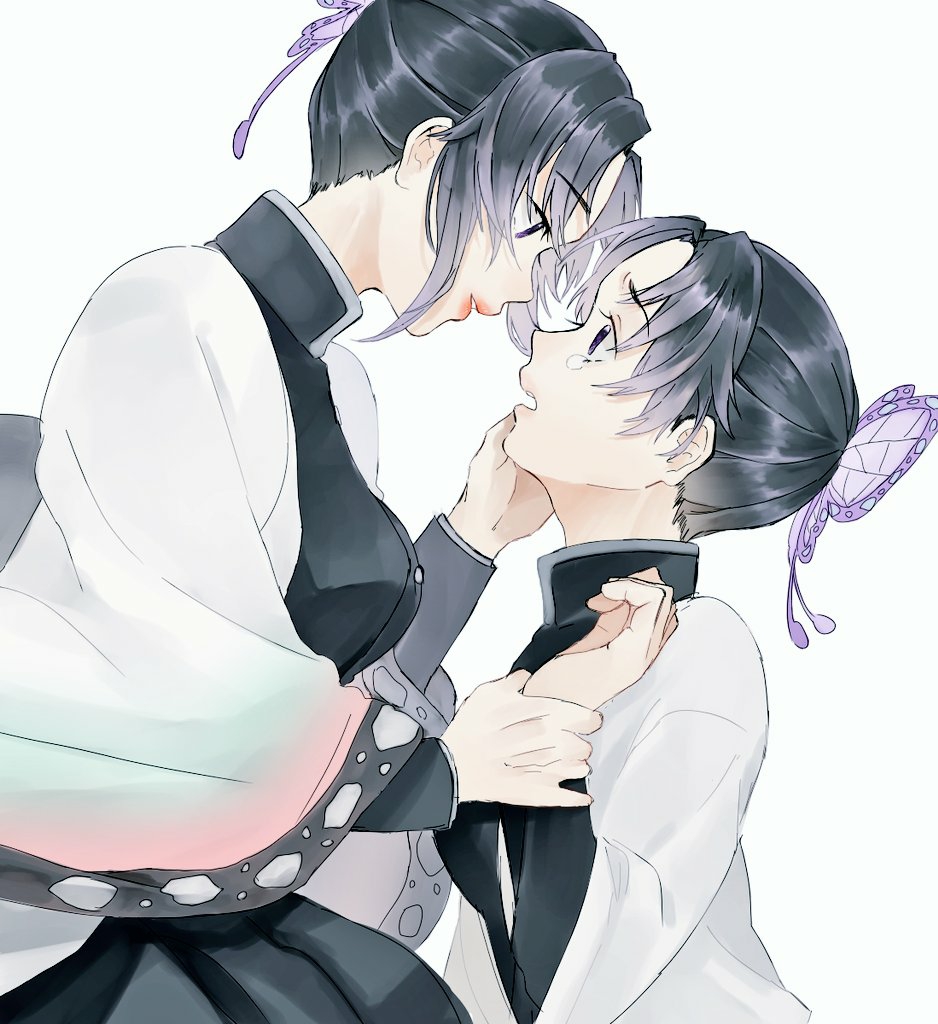 1girl animal_print bangs black_hair breasts butterfly_hair_ornament butterfly_print coat cowboy_shot dual_persona face-to-face gradient_hair hair_ornament hand_on_another's_chin haori japanese_clothes kimetsu_no_yaiba kochou_shinobu lips lipstick long_sleeves makeup medium_breasts multicolored_hair open_mouth parted_bangs profile purple_hair short_hair simple_background suikyou394 tears time_paradox two-tone_hair uniform violet_eyes white_background wide_sleeves wrist_grab