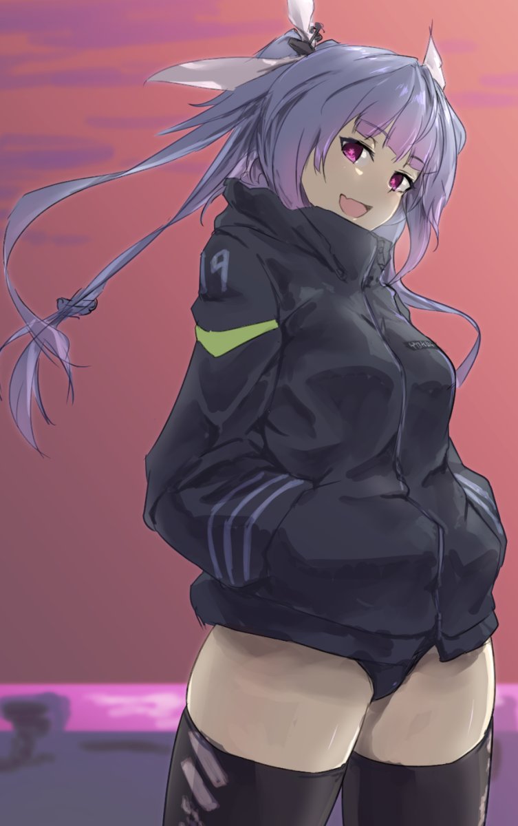 1girl alternate_costume bangs black_jacket black_legwear blue_hair breasts breath clothes_writing eyebrows_visible_through_hair hair_ornament hair_ribbon hands_in_pockets highres i-19_(kantai_collection) jacket kantai_collection long_hair long_sleeves one-piece_swimsuit open_mouth outdoors pink_eyes pink_sky pocket ribbon sky solo swimsuit swimsuit_under_clothes thigh-highs tri_tails tsukira_(amayadori) white_ribbon