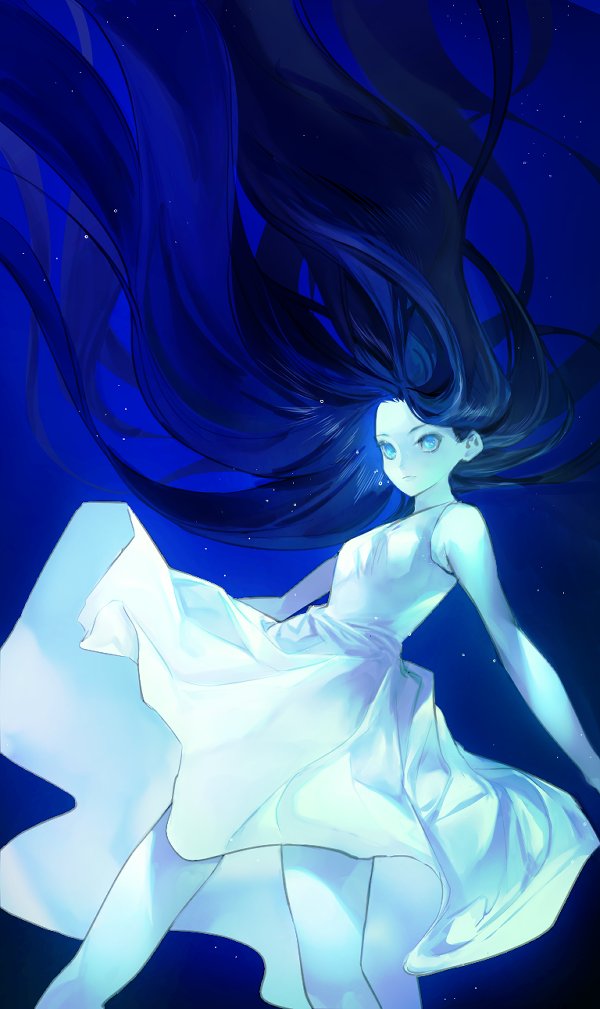1girl air_bubble armpits arms_at_sides bare_arms bare_legs bare_shoulders berry_(dreamoffancy) black_hair blue_background blue_eyes blue_theme breasts bubble commentary dark_background dress english_commentary expressionless floating_hair long_dress long_hair looking_at_viewer no_pupils original pale_skin shiny shiny_hair sleeveless sleeveless_dress small_breasts solo spread_legs submerged underwater very_long_hair water white_dress