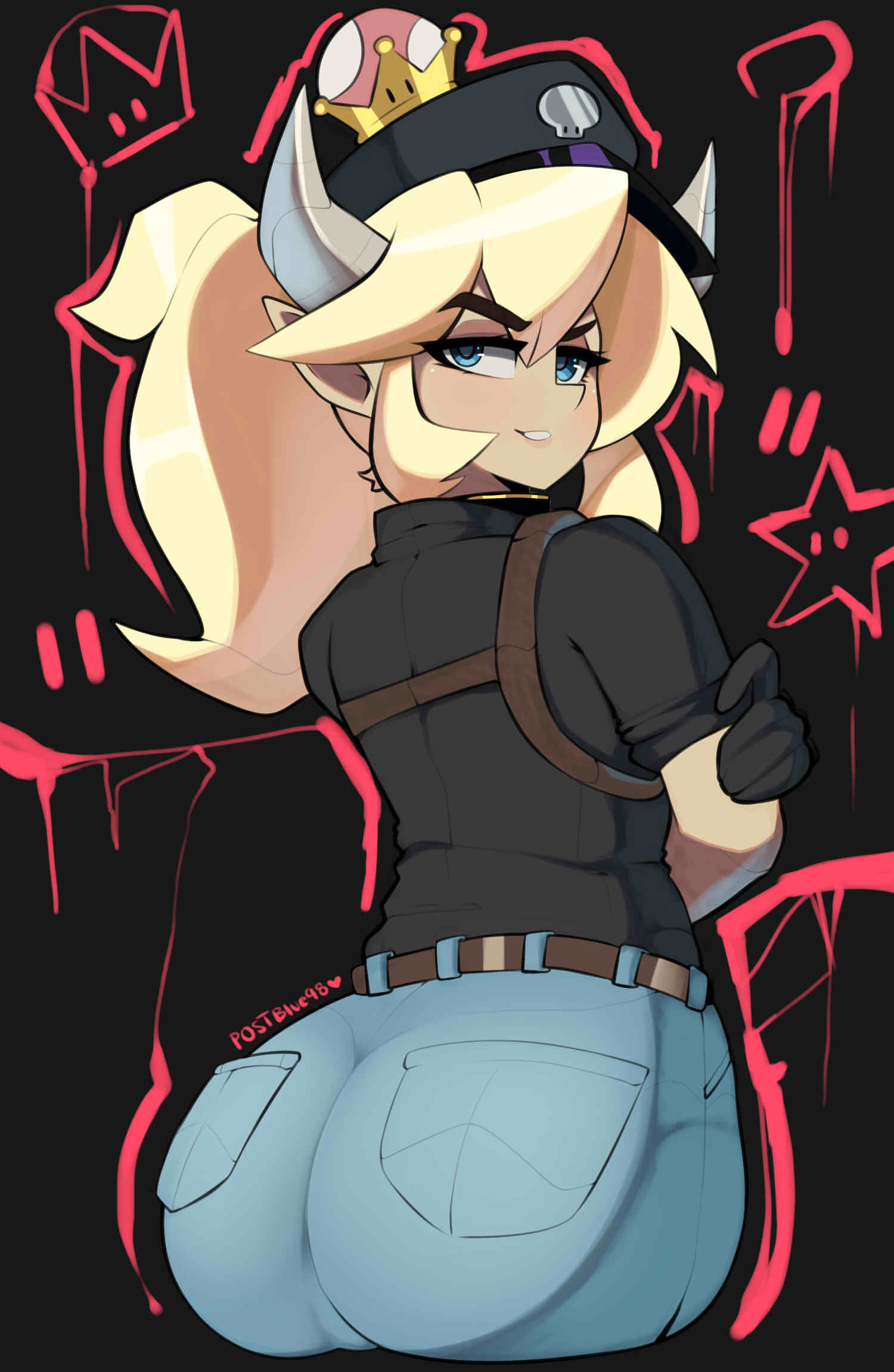 1girl ass belt black_gloves black_shirt blonde_hair blue_eyes blue_pants bowsette commentary cropped_legs crown denim english_commentary eyelashes from_behind gloves hat highres holster horns jeans long_hair looking_back super_mario_bros. new_super_mario_bros._u_deluxe pants pointy_ears police police_hat police_uniform policewoman ponytail postblue98 shirt shoulder_holster sleeves_pushed_up solo super_crown thick_eyebrows uniform
