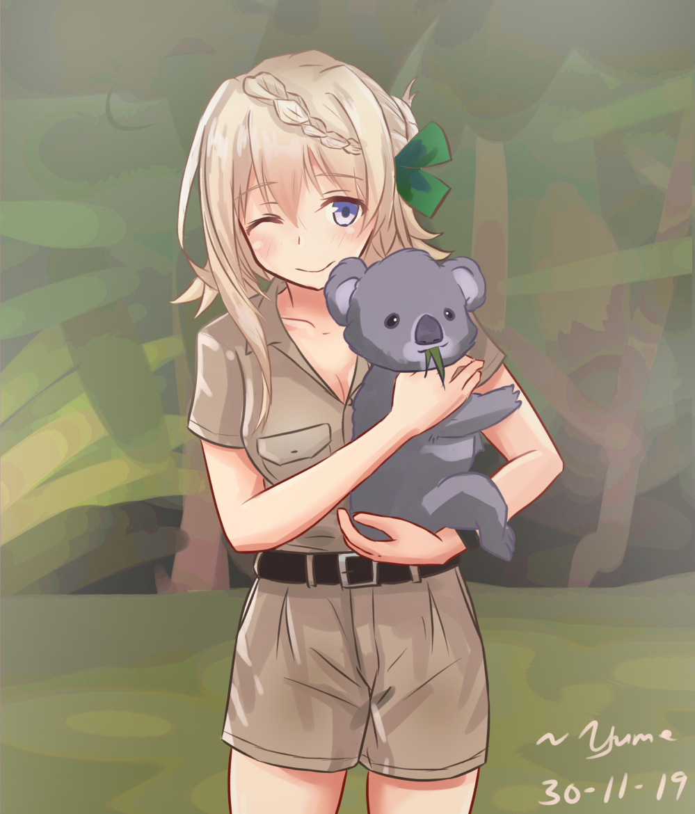 1girl 1other alternate_costume artist_name belt blonde_hair braid braided_bun brown_shirt brown_shorts cowboy_shot dated green_ribbon hair_between_eyes hair_bun hair_ribbon kantai_collection koala looking_at_viewer one_eye_closed perth_(kantai_collection) ribbon shirt short_hair shorts standing violet_eyes yume_(mi_yu601)