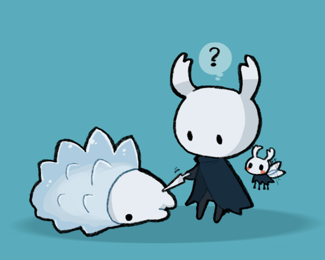 ? antennae atapi black_eyes blue_background blush bug cape gen_8_pokemon hollow_knight knife knight_(hollow_knight) no_humans pokemon pokemon_(creature) snom standing thought_bubble