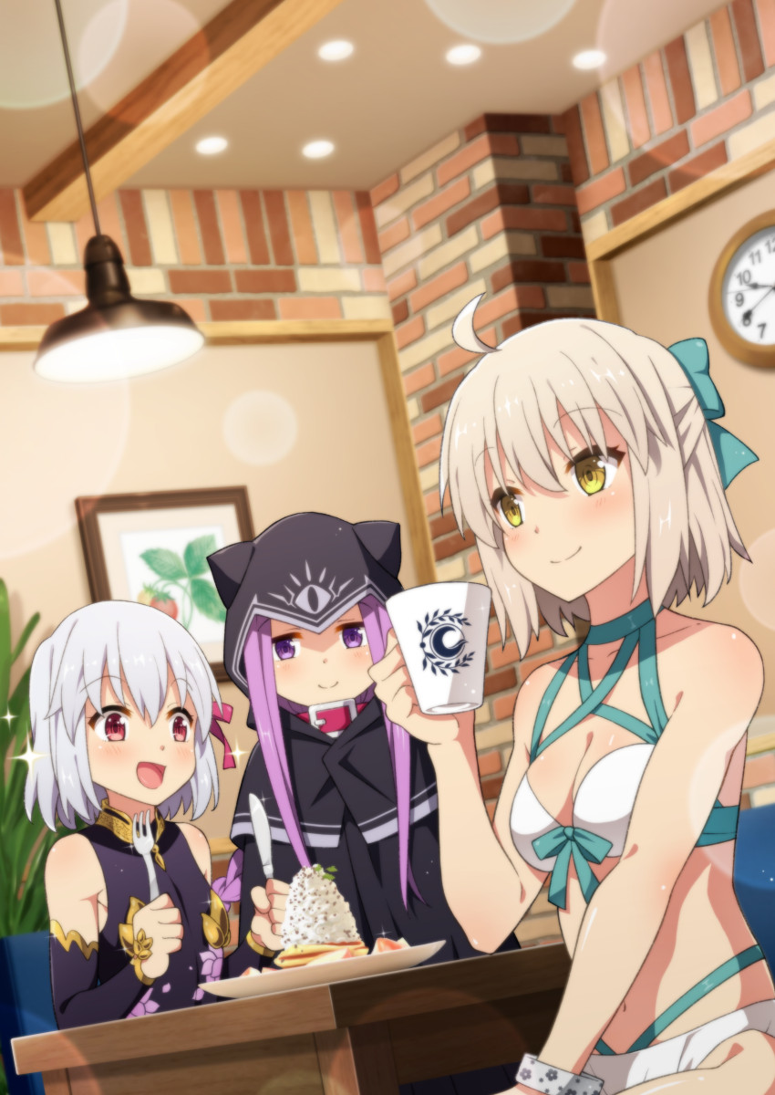 3girls ahoge amasawa_natsuhisa animal_ears bikini blush breasts cat_ears cloak collar detached_sleeves eyebrows_visible_through_hair fate/grand_order fate_(series) food fork grey_hair highres hood hooded_cloak kama_(fate/grand_order) knife medusa_(lancer)_(fate) multiple_girls okita_souji_(fate)_(all) okita_souji_(swimsuit_assassin)_(fate) open_mouth pink_hair platinum_blonde_hair red_eyes sitting small_breasts smile swimsuit violet_eyes yellow_eyes